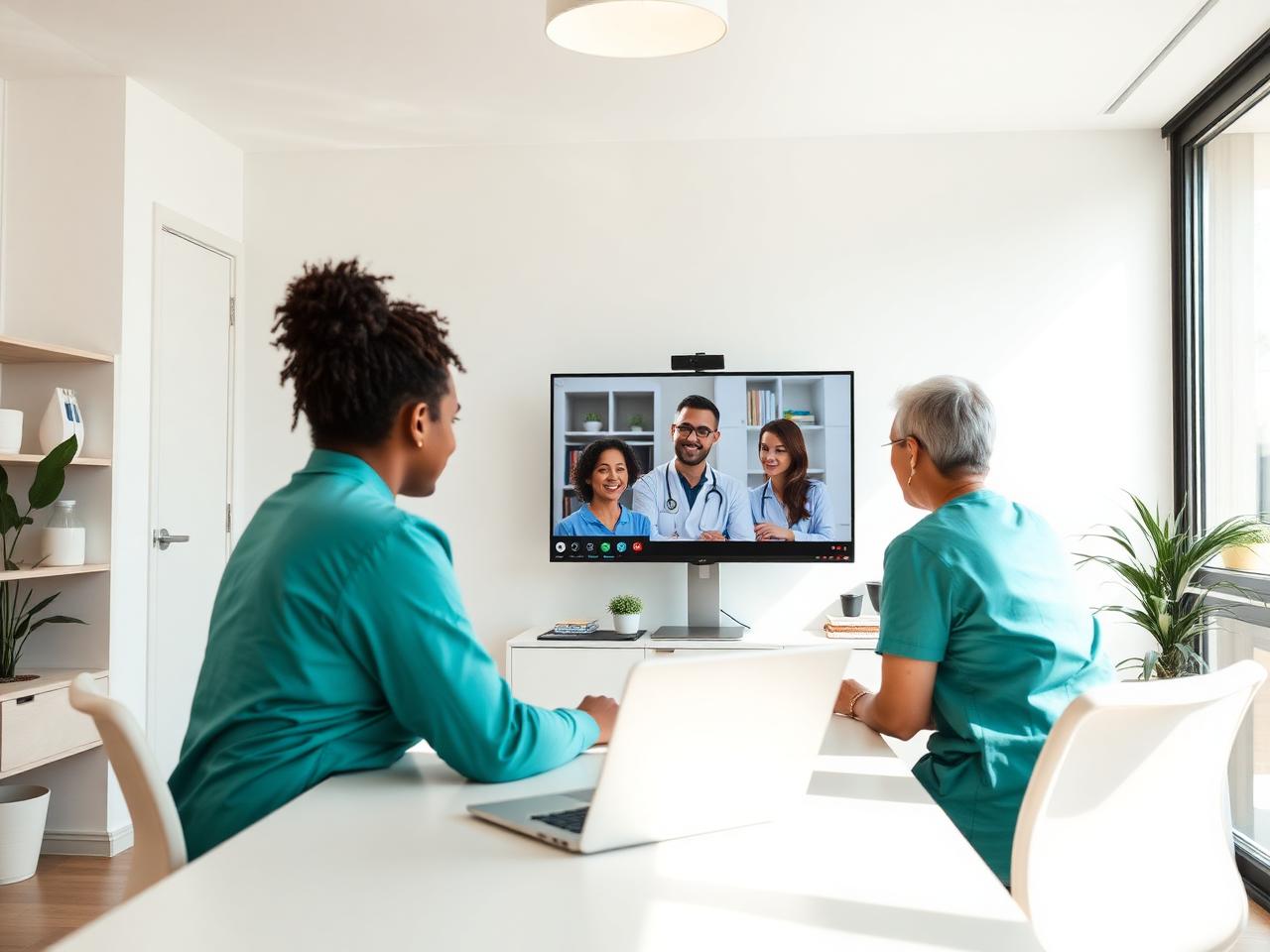 Coordinators reviewing a patient case with hospital specialists on a video call