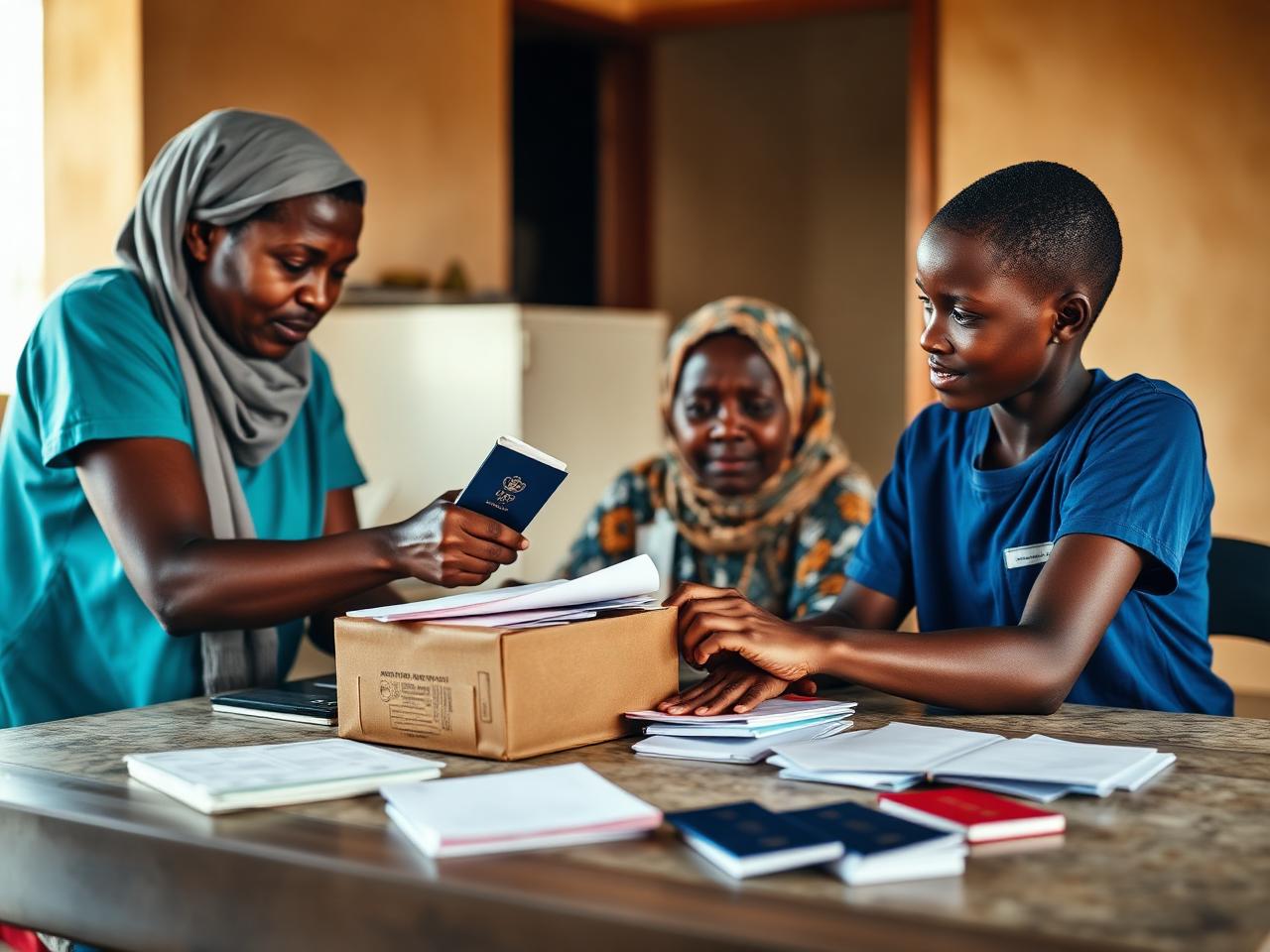 A family gathering medical records and passports before travelling for treatment