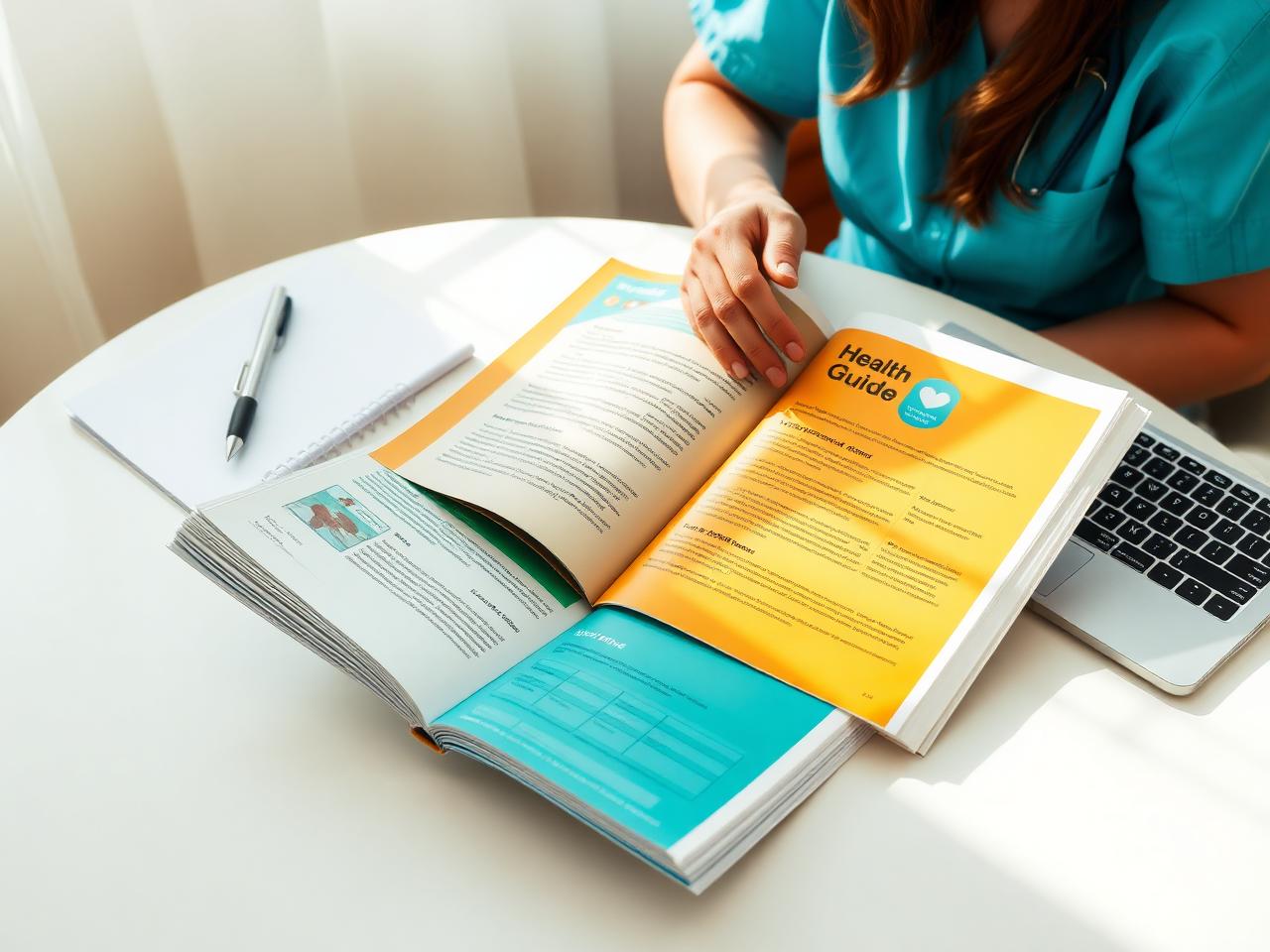 A patient reading a printed health guide with notes and a laptop