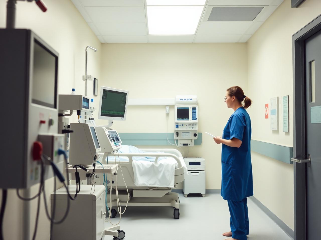A nurse checking monitoring equipment in a modern treatment unit
