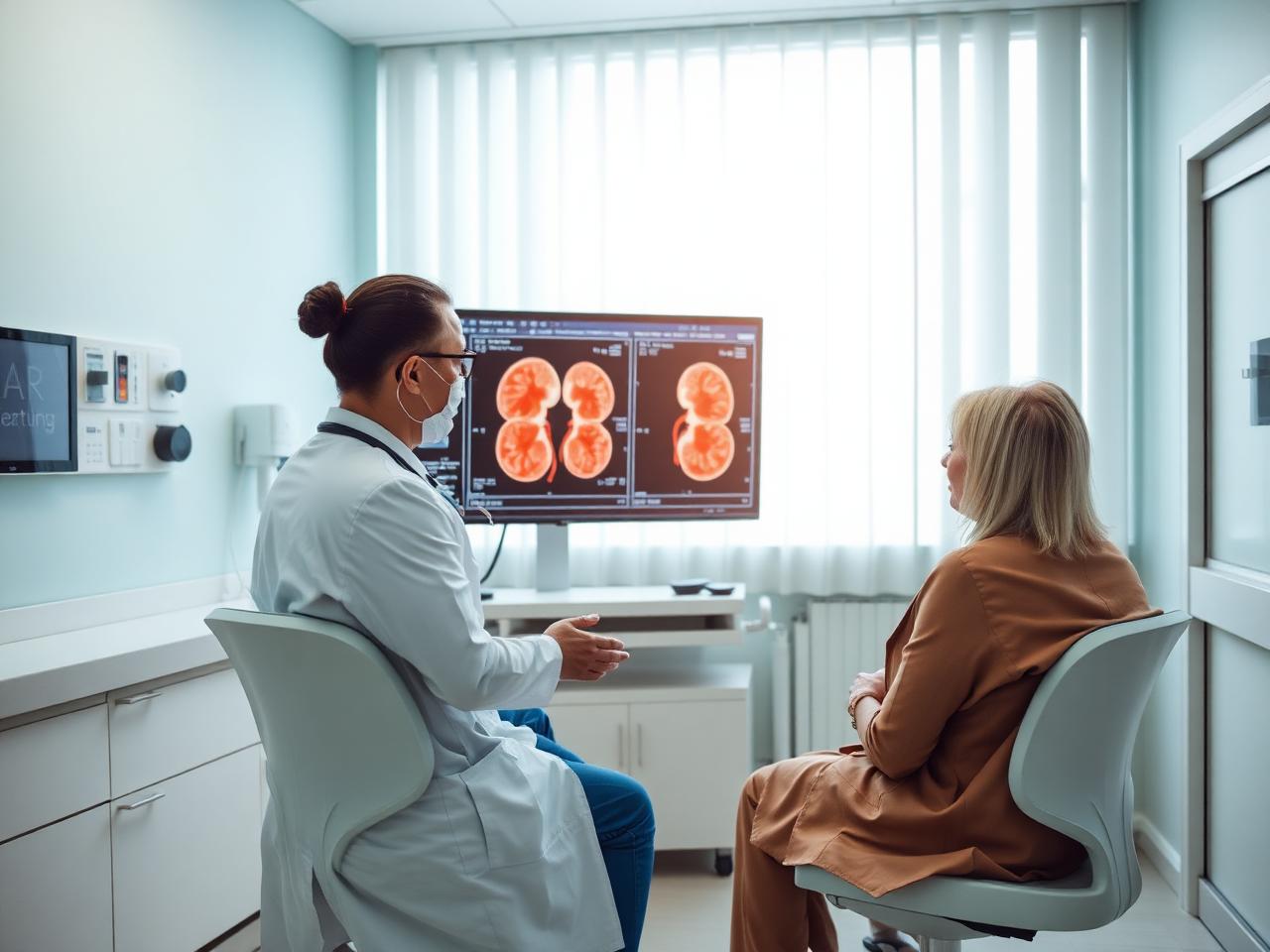 A nephrologist reviewing kidney imaging with a patient in a consultation room