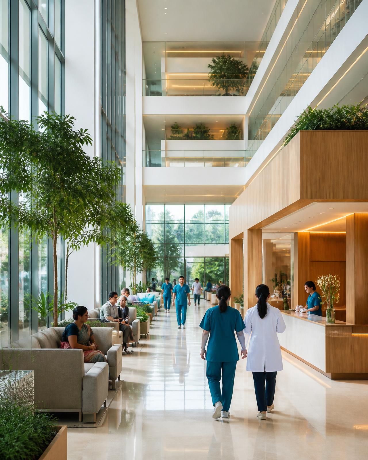 Daylit atrium of a modern multi-speciality hospital in India